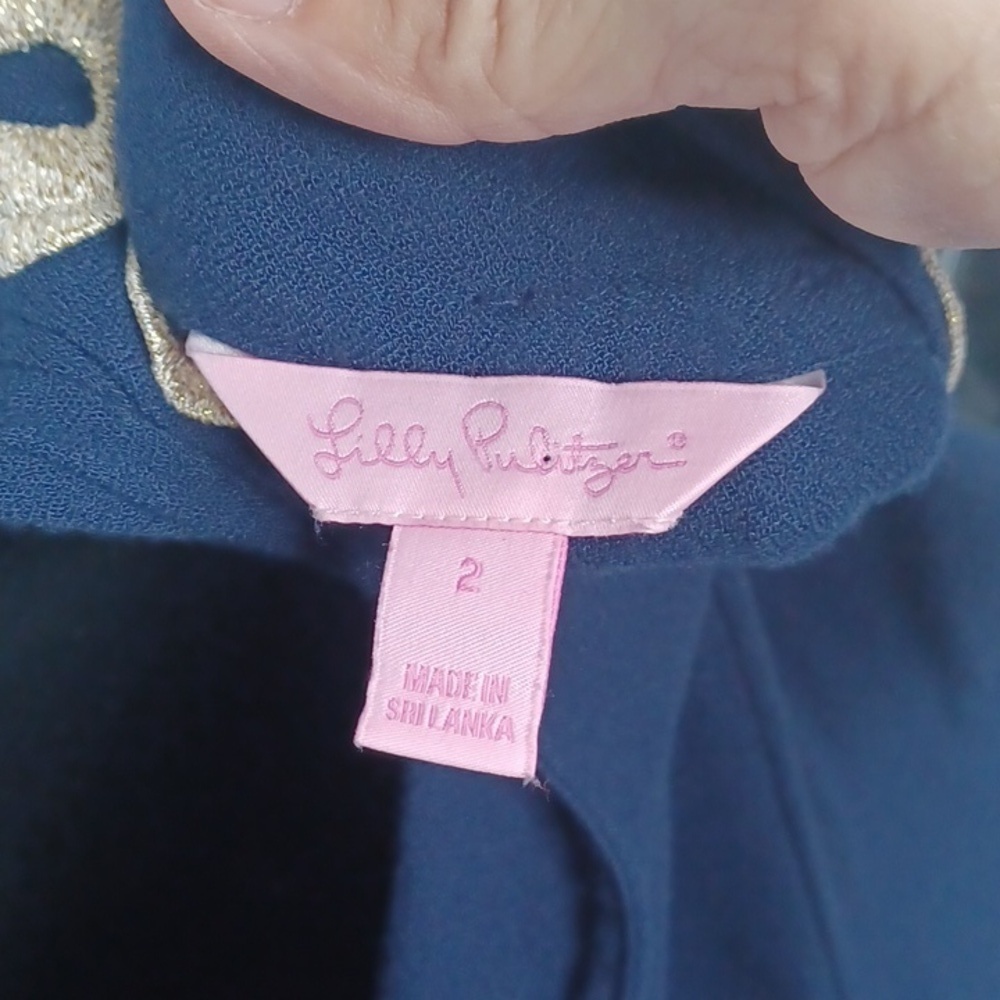 Lily Pulitzer Navy Mini Dress, Gold Trim, Sz 2, 18" PTP, 32" Long, Front Zip - Picture 5 of 7